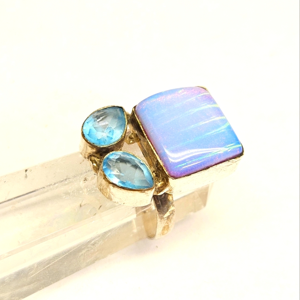 Blue Dichroic Glass Sterling Silver Ring - Picture 3 of 11